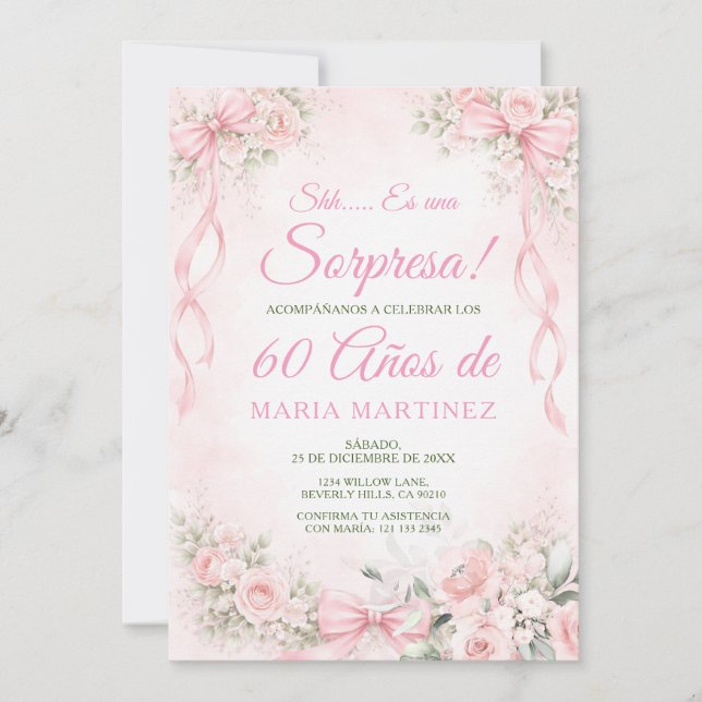Bow Blush Rosa Blommig Överraskning 60 År Födelsed Inbjudningar (Framsida)