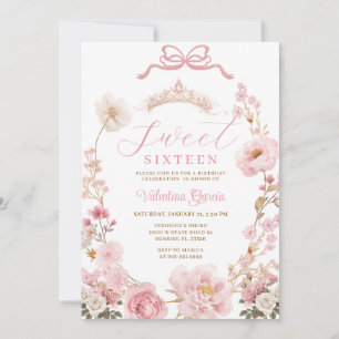 Bow Blush Rose Prinsessa Sweet Sixteen Födelsedag Inbjudningar