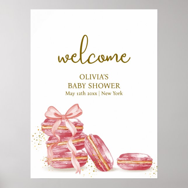 Bow Bonjour Bébé Macarons Baby Shower Välkommen Poster (Framsidan)