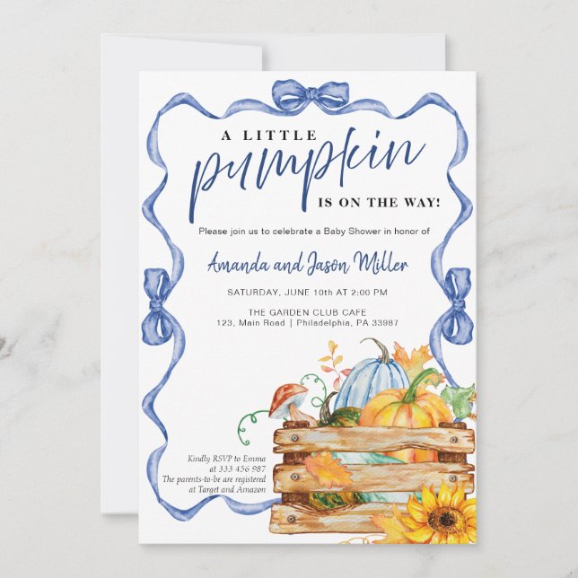 Bow Boy Fall Baby Shower Flowers and Pumpkins Spara Datumet (Framsida)