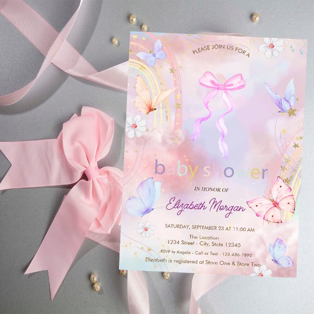 Bow Butterflies Blommigt Rainbow Baby Shower Inbjudningar (Skapare uppladdad)