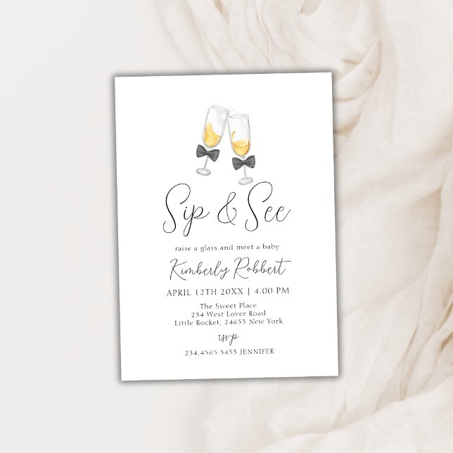 Bow Champagne Glass Sip & See Baby Shower Inbjudningar (Bow Champagne Glass Sip & See Baby Shower Invitation)