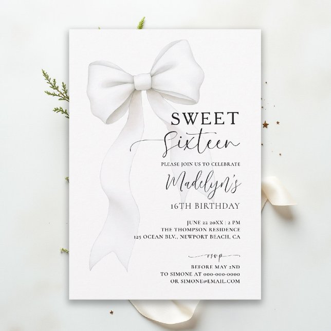 Bow Chic Black White Elegant Calligraphy Sweet 16 Inbjudningar (sweet sixteen birthday party invitation bow chic fashion simple classy black and white script)
