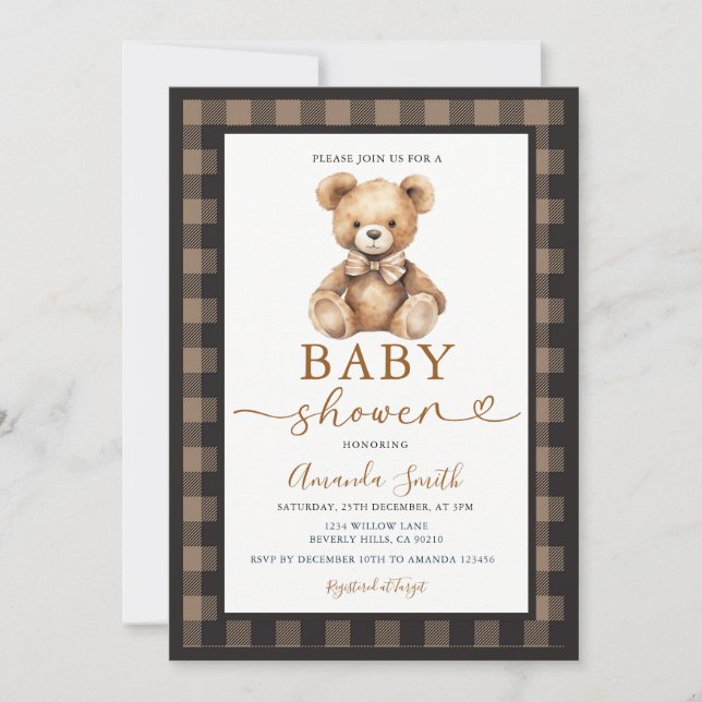 Bow Coquette Bear Pojke Bebis Badrum Rutig Brun Inbjudningar (Framsida)