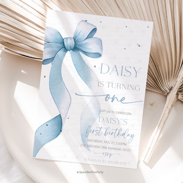 Bow Coquette Blue 1st Birthday  Inbjudningar (Bow Coquette Birthday Invitation )