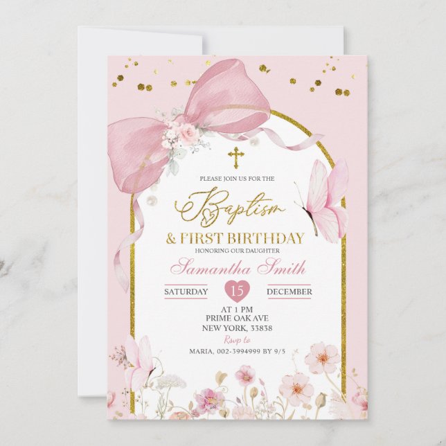 Bow Coquette Blush Pink Baptism & 1st Birthday Inbjudningar (Framsida)