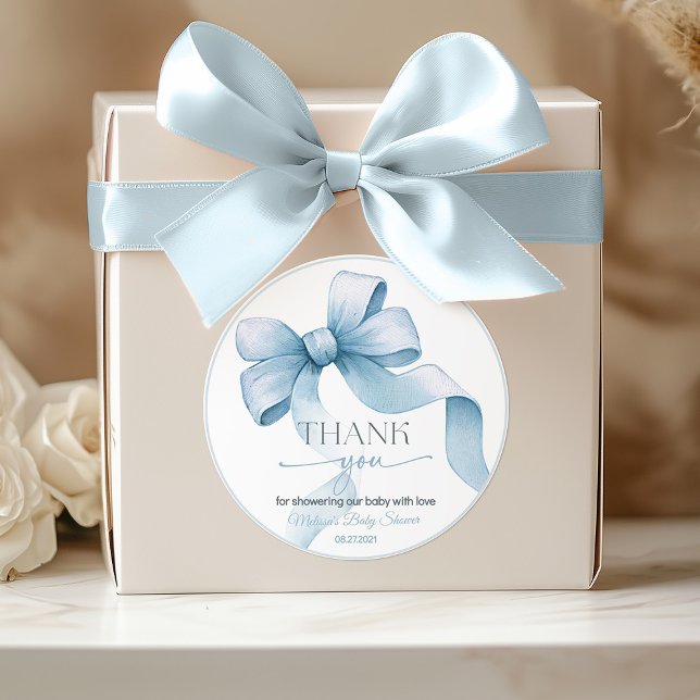 Bow Coquette Boy Shower Runt Klistermärke (Blue bow Coquette boy baby shower personalized sticker)