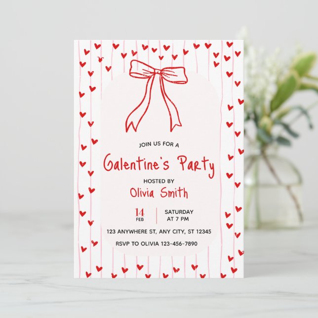 bow coquette galentines party invite , red hearts  inbjudningar (Stående Fram)