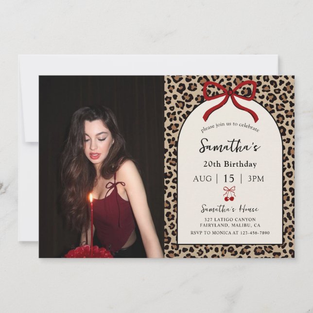 Bow Coquette Leopard Cheetah Birthday Photo Inbjudningar (Framsida)