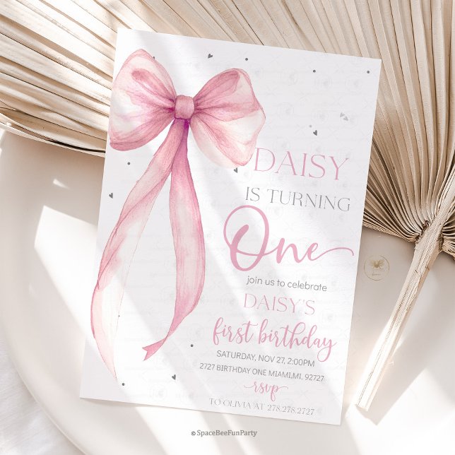 Bow Coquette Pink 1st Birthday  Inbjudningar (Bow Coquette Birthday Invitation )