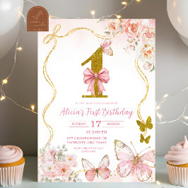 Bow Coquette Pink Butterfly First Birthday Inbjudningar