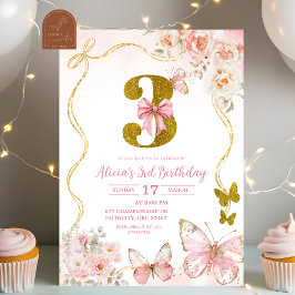 Bow Coquette Pink Butterfly Third Birthday Inbjudningar