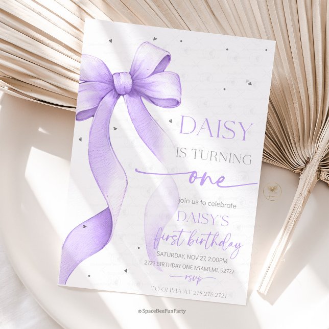 Bow Coquette Purple 1st Birthday  Inbjudningar (Bow Coquette Birthday Invitation )