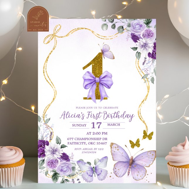 Bow Coquette Purple Butterfly First Birthday Inbjudningar (Skapare uppladdad)