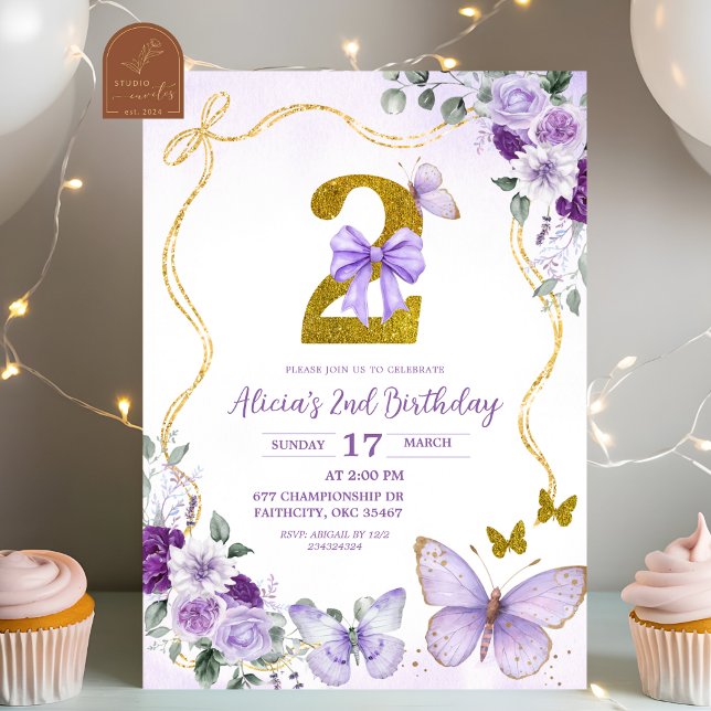 Bow Coquette Purple Butterfly Second Birthday Inbjudningar (Skapare uppladdad)