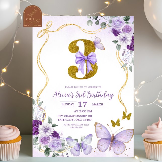 Bow Coquette Purple Butterfly Third Birthday Inbjudningar (Skapare uppladdad)