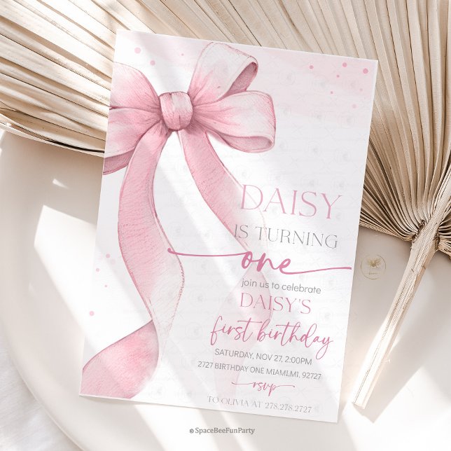 Bow Coquette Rosa 1-årsdag  Inbjudningar (Bow Coquette Birthday Invitation )