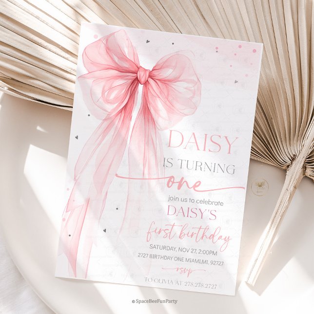 Bow Coquette Rosa 1-årsdag  Inbjudningar (Bow Coquette Birthday Invitation )