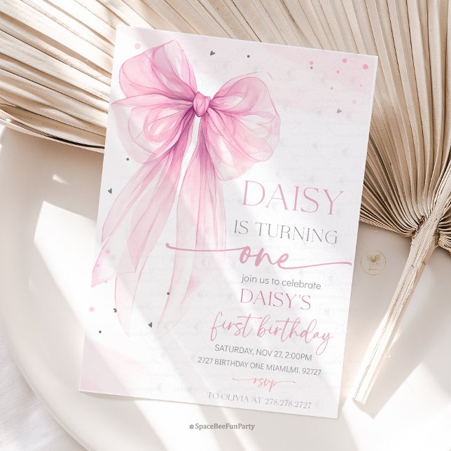 Bow Coquette Rosa 1-årsdag  Inbjudningar (Bow Coquette Birthday,Elegant coquette,ribbon pamper party,Bow Any Age Party, Party decoration bow,)