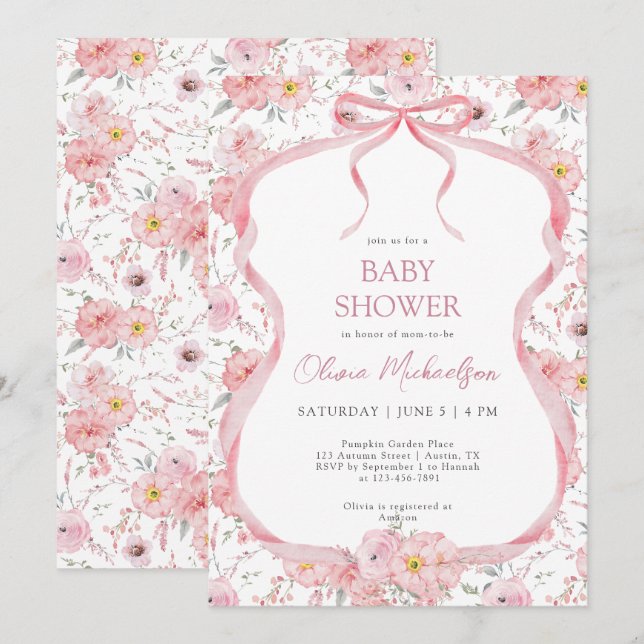 Bow Coquette Rosa Blommigt Ribbon Girl Baby Shower Inbjudningar (Fram/baksida)