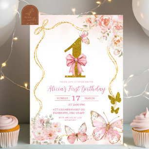 Bow Coquette Rosa Fjäril Första Födelsedagen Inbjudningar