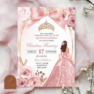 Bow Coquette Rosa Guld Prinsessa Quinceanera Inbjudningar