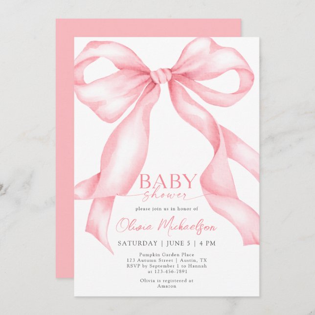 Bow Coquette Rosa Ribbon Elegant Girl Baby Shower Inbjudningar (Fram/baksida)