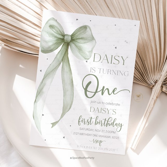 Bow Coquette Sage 1-årsfest  Inbjudningar (Bow Coquette Birthday Invitation )