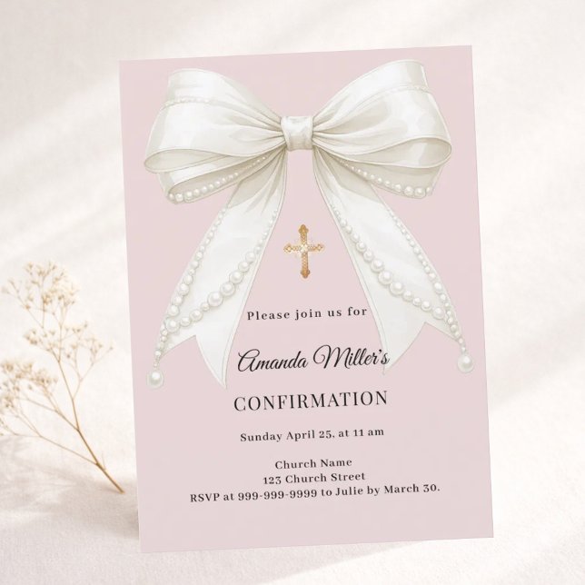 Bow dammiga rosabruna elfenbenspärlor Konfirmation Inbjudningar (Skapare uppladdad)