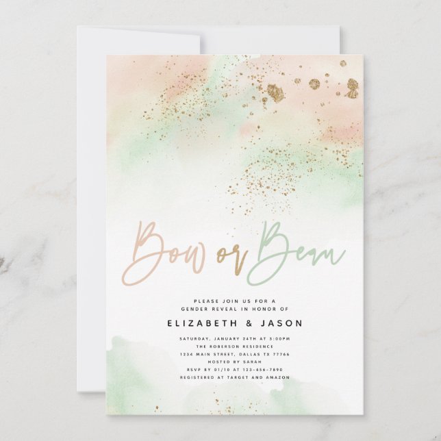 Bow eller Beau Mint och Rosa Gender Reveal Glitter Inbjudningar (Framsida)