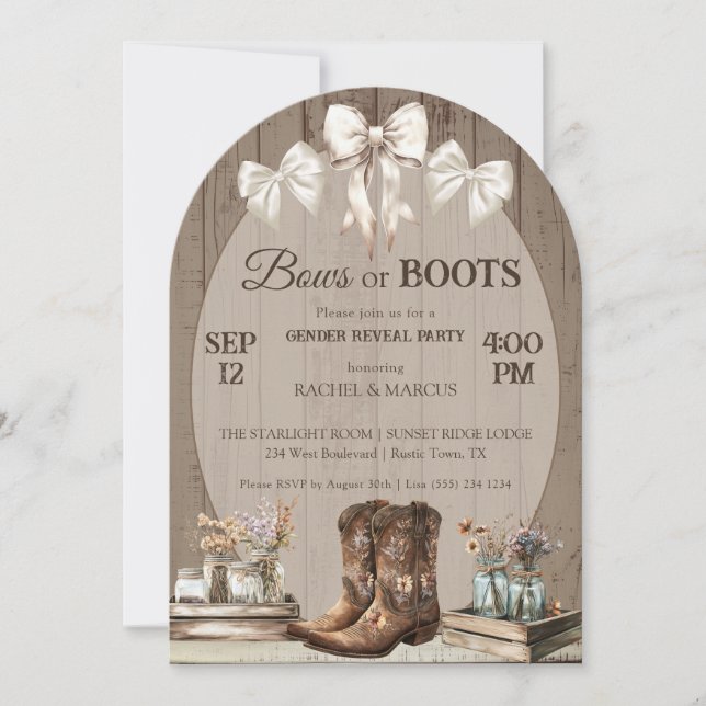 Bow eller Boots rustic boho Gender avslöjade party Inbjudningar (Framsida)
