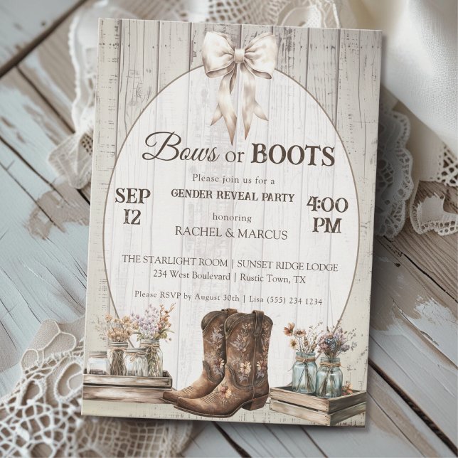 Bow eller Boots rustic boho Gender avslöjade party Inbjudningar (Skapare uppladdad)