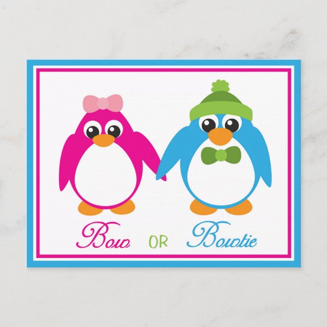 Bow eller Bowtie Penguin Gender Reveal Inbjudan Vykort (Framsida)