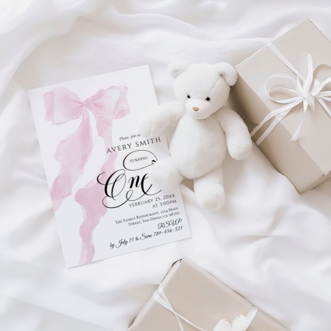Bow en födelsedag , minimal Rosa flicka Inbjudningar (Skapare uppladdad)