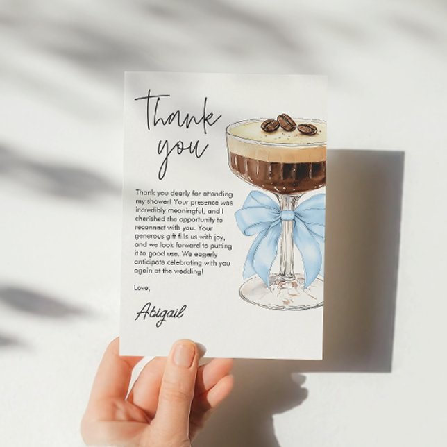 Bow Espresso Martini Möhippa Tack (Blue Bow Espresso Martini Bridal Shower Thank You)