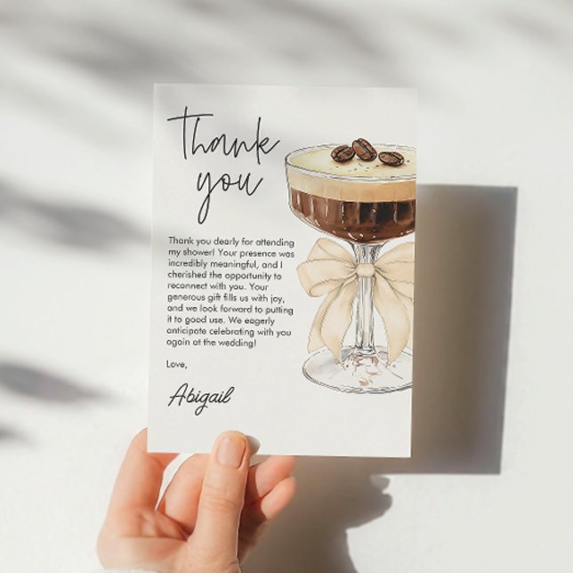 Bow Espresso Martini Möhippa Tack Kort (Bow Espresso Martini Bridal Shower Thank You)