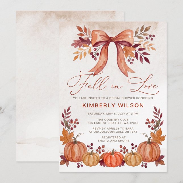 Bow Fall in Love Pumpkins Fall Bröllopsdusch Inbjudningar (Fram/baksida)