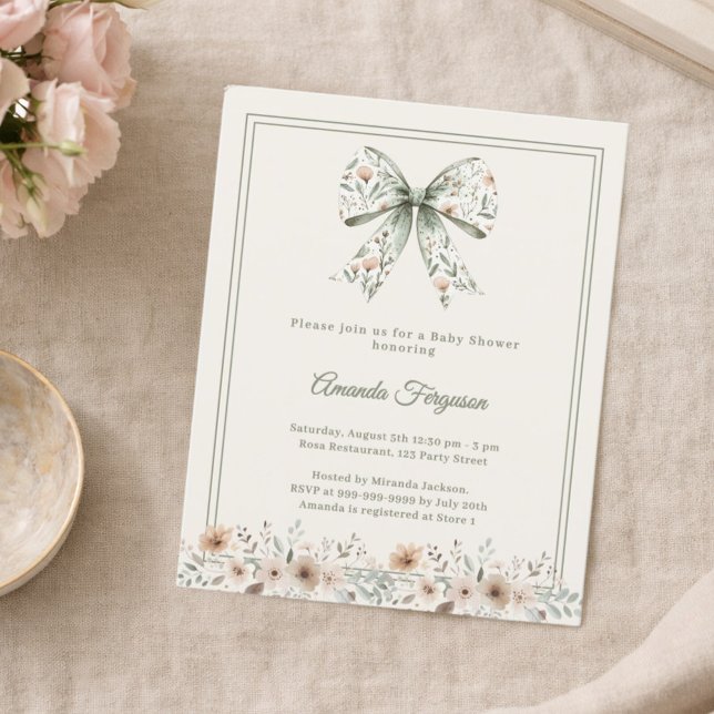 Bow florals green ivory Baby Shower invitation (Skapare uppladdad)