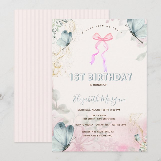 Bow Flowers Blue Butterflies Stripe Birthday Inbjudningar (Fram/baksida)
