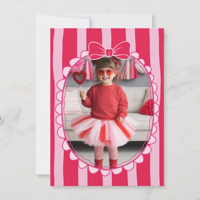 Bow Frame Kid Photo Valentine Card, Child School Anteckningskort (Framsida)