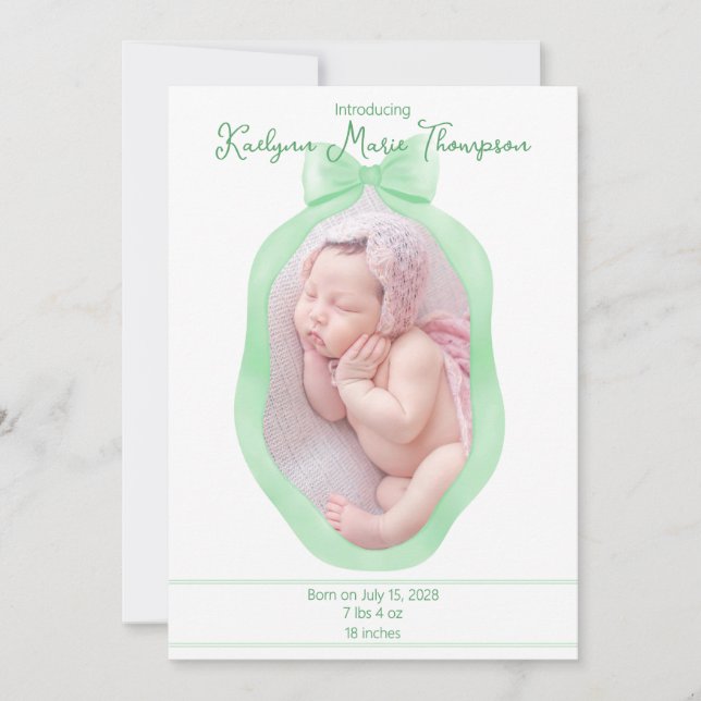 Bow Framed Coquette Grönt Birth Annoucard Inbjudningar (Framsida)