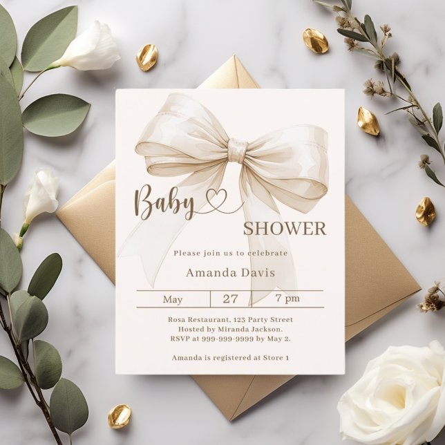 Bow gender neutral beige Baby Shower invitation (Skapare uppladdad)