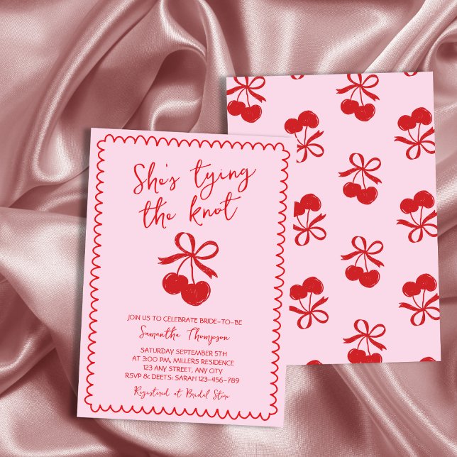 Bow Gifter sig Cherry Hand plockade Möhippa Inbjudningar (Bow Tying The Knot Cherry Hand Drawn Bridal Shower Invitation)