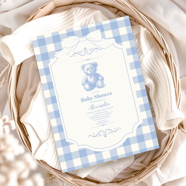 Bow Gingham Fransk Teddybjörn Bebis Shower Inbjudningar (Skapare uppladdad)