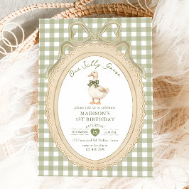 Bow Gingham One Silly Goose 1st Birthday Inbjudningar
