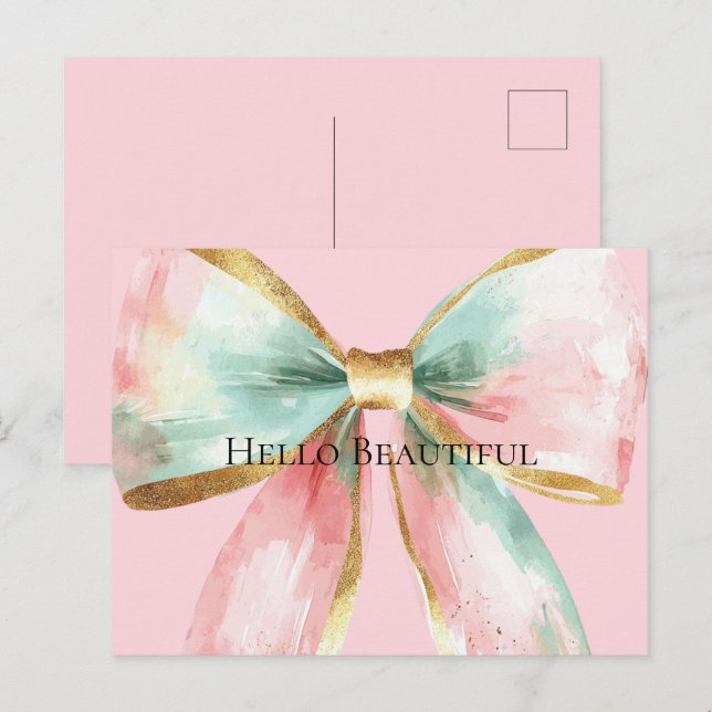 Bow Gold Blush Pink Mint Warm Wishes Vykort (Fram/baksida)