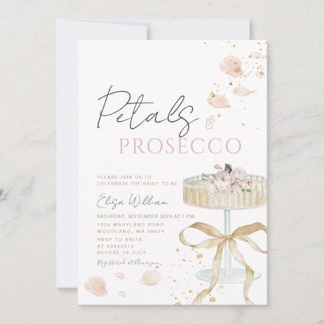 Bow Gold Kronblad och Prosecco Bröllopsdusch  Inbjudningar (Framsida)