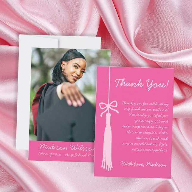 Bow GradTassel Rosa Coquette Examen Foto Tack Kort (Bow GradTassel Pink Coquette Graduation Photo Thank You Card)