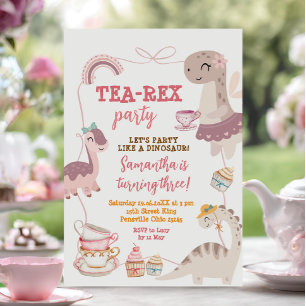 Bow Gräns Dinosaur Tea-Rex 3rd Girl Birthday Inbjudningar
