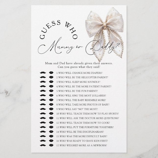 Bow Guess Who Mommy or Daddy Baby Shower Game (Framsida)